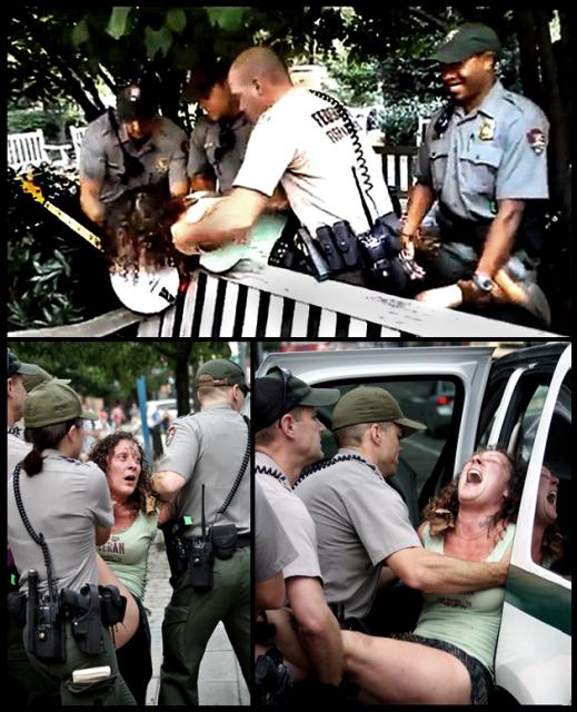 Park rangers assaulting Emily Yates; note the fellow, top, grinning as he holds her legs